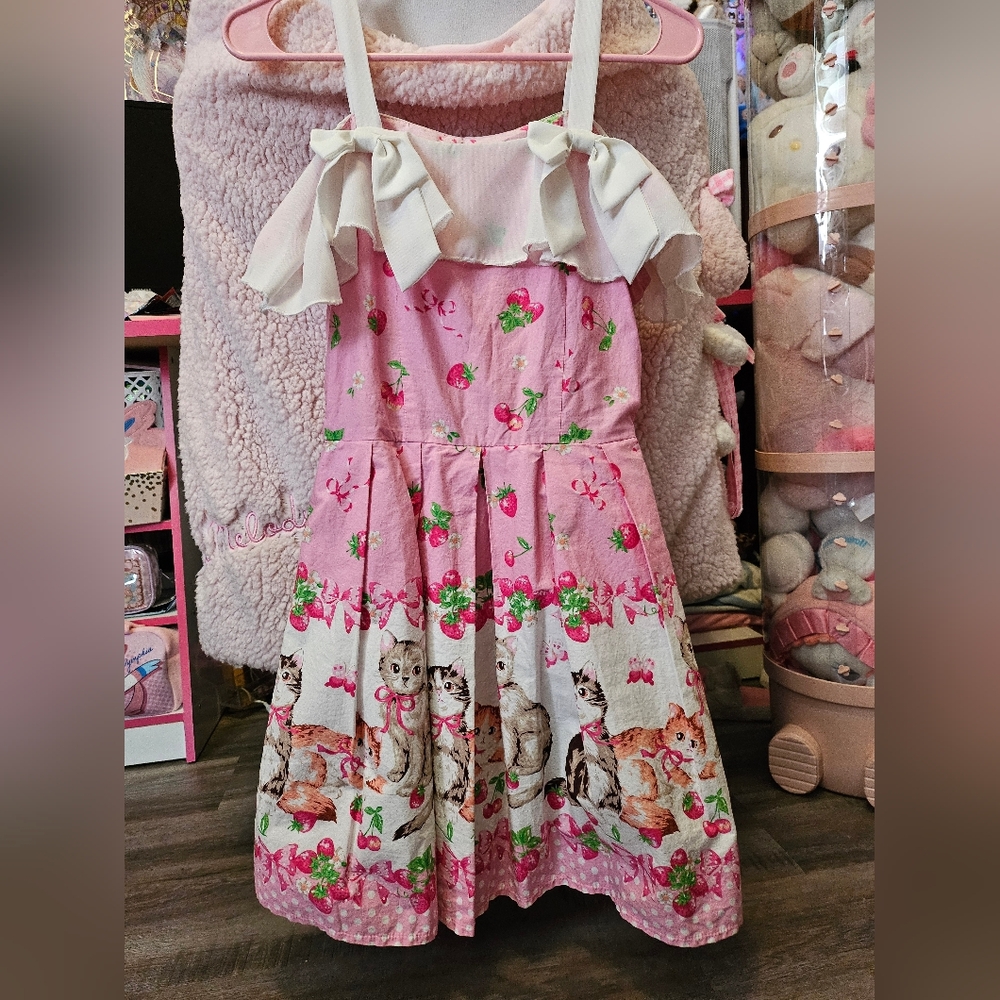 Pink Cat and Strawberry Off the Shoulder Dress with Ruffle